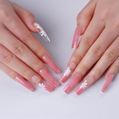 FRUJCDKI Fake Press On Nails 3d Extra Long Artificial Jewelry Full Cover False Nail With Rhinestones Luxury Bridal Wedding Professional Nail Art Salon (French flowers)