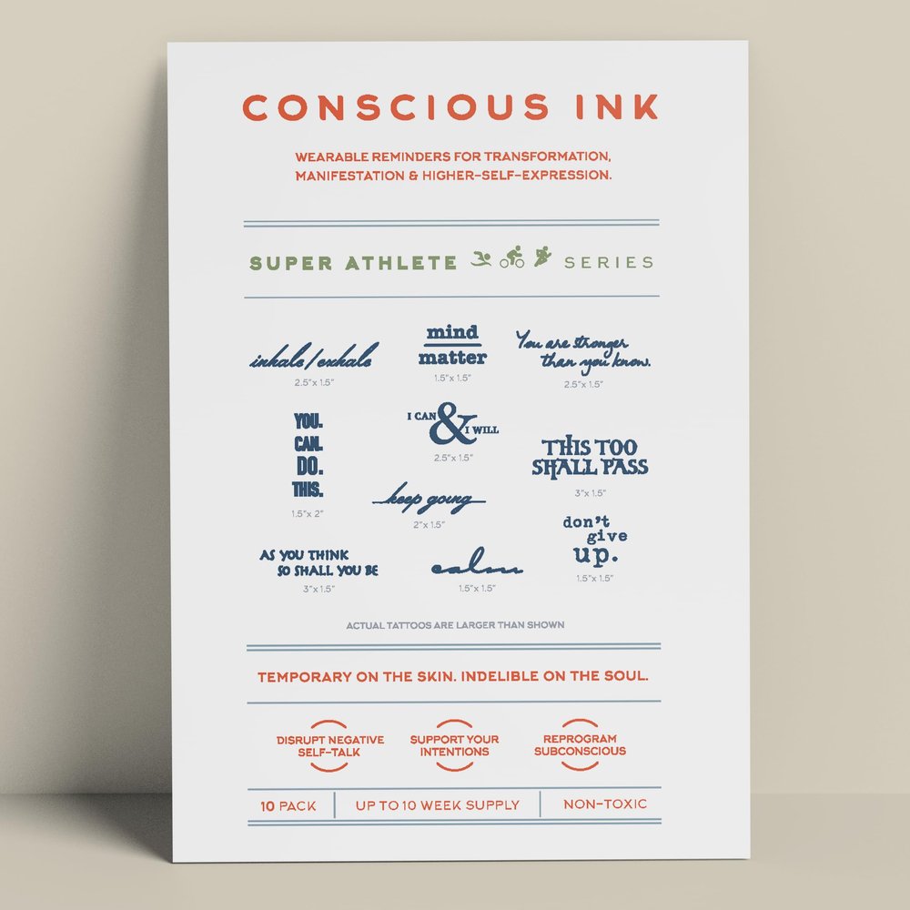 Conscious Ink, Original Manifestation Temporary Tattoos, Inspirational, Mindfulness Tools, Long Lasting, Non-Toxic, Waterproof, Cruelty-Free, Made in USA, 1 Super Athlete Athletic Performance Kit