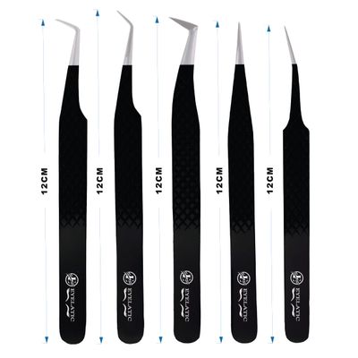 GENERIC Tweezers For Eyelash Extensions Tweezers Set of 5, Japanese Stainless Steel, Straight Curved 45 90 Degree Volume Eyelash Tweezers - BLACK