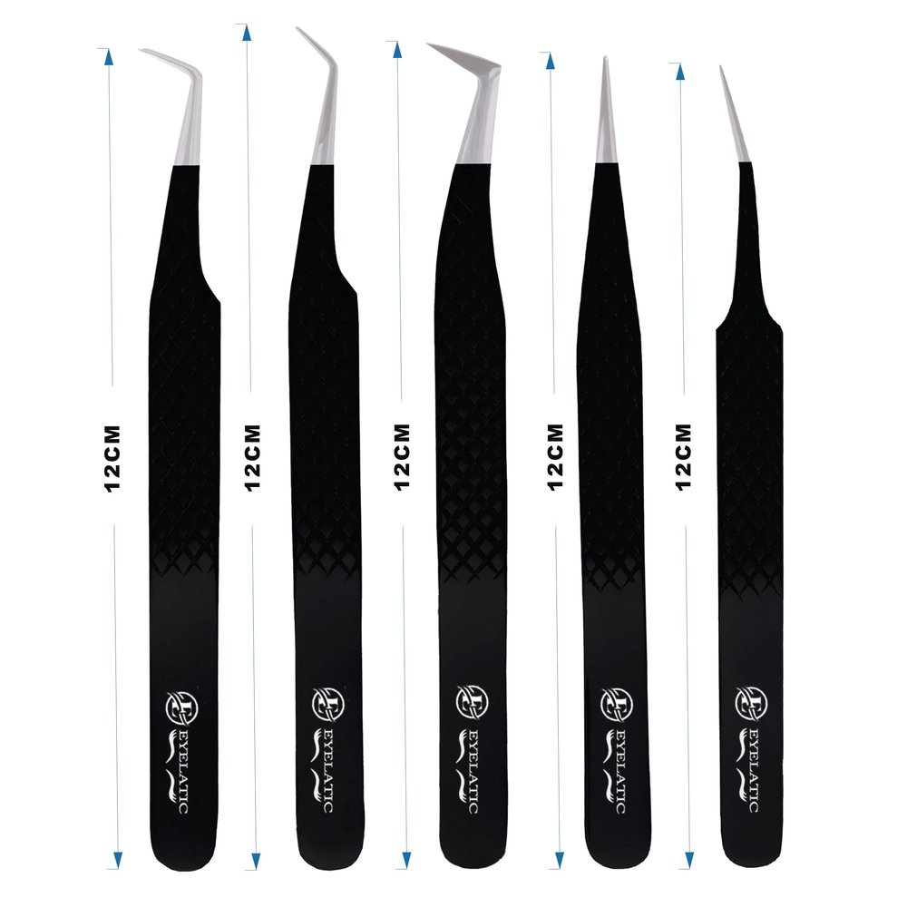 GENERIC Tweezers For Eyelash Extensions Tweezers Set of 5, Japanese Stainless Steel, Straight Curved 45 90 Degree Volume Eyelash Tweezers - BLACK