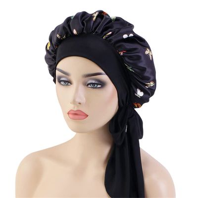 Large Satin Sleeping Cap Hair Bonnet for Women African Pattern Ankara Print Long Tail Bonnets Wide Stretchy Band Hat B301J-1 Black