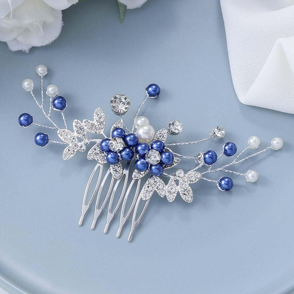 Latious Blue Wedding Hair Comb Pearl Hair Clip Bridal Hair Accessories for Women and Girls