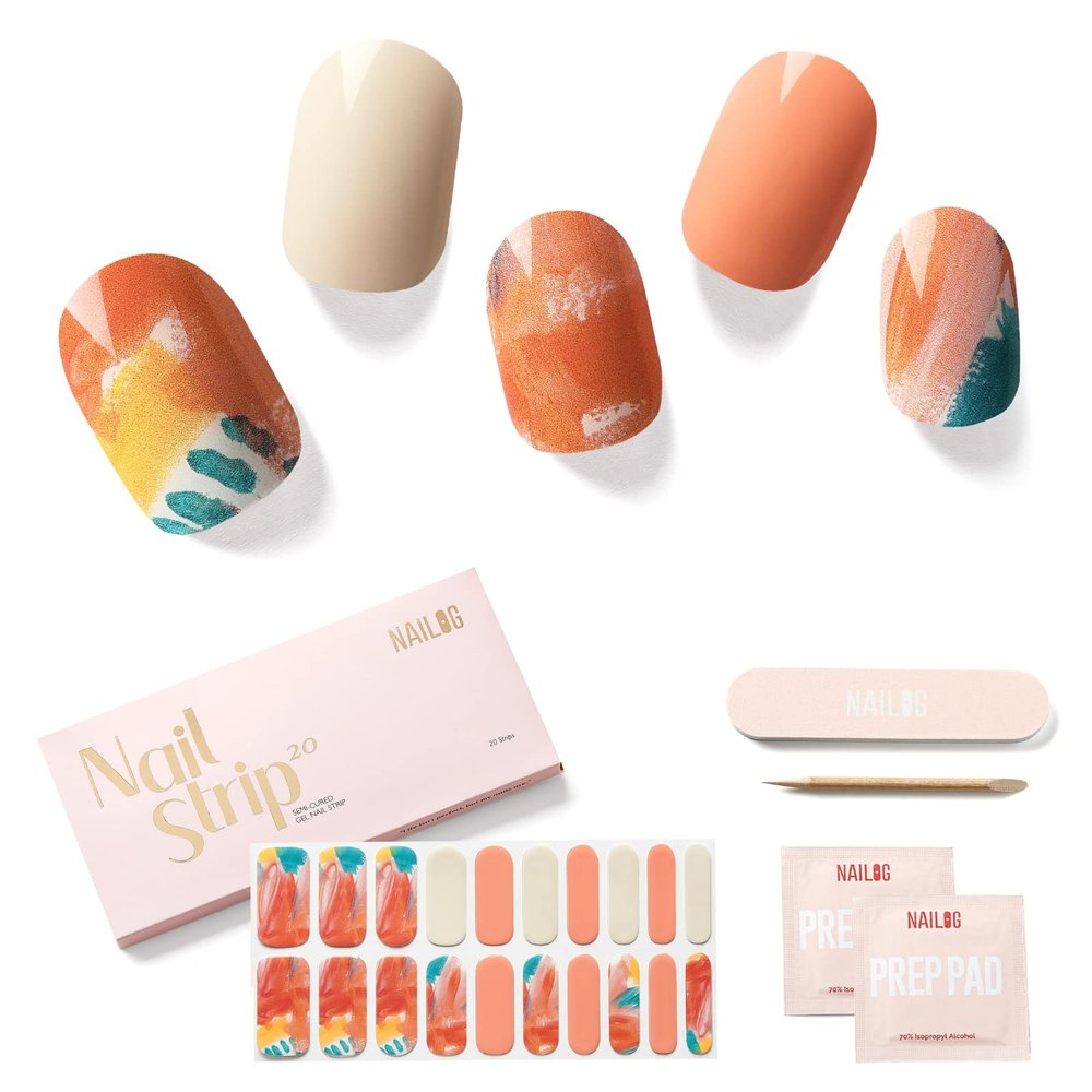 NAILOG Semi Cured Gel Nail Strips for Easter, 20Pcs Art Painting Orange Long Lasting Gel Nail Stickers, Salon Quality Easy Apply & Remove Works with Any UV/LED Nail Lamps, Masterpiece