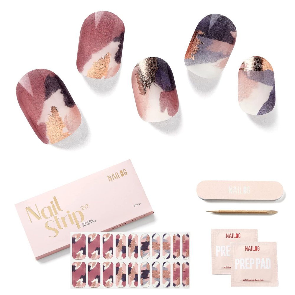 NAILOG Semi Cured Gel Nail Strips 20 Pcs Extra Long Gel Stickers | Buy 2 Get 1 UV Lamp| Long Lasting Nail Wraps with Glossy Gel Finishing, Marble Inkies