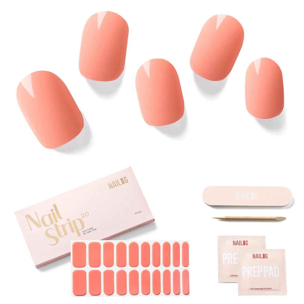 NAILOG Semi Cured Gel Nail Strips (20 Extra Long Stickers/Wraps) | Glossy & Long Lasting Soft Gel Finishing, Coral