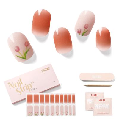 NAILOG Semi Cured Gel Nail Strips (20 Extra Long Stickers/Wraps) | Buy 2 Get 1 UV Lamp| Glossy & Long Lasting Soft Gel Finishing, The Little Tulip