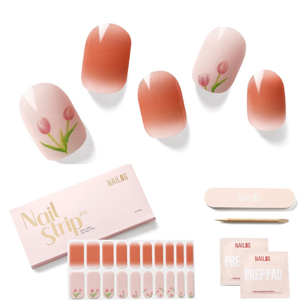 NAILOG Semi Cured Gel Nail Strips (20 Extra Long Stickers/Wraps) | Buy 2 Get 1 UV Lamp| Glossy & Long Lasting Soft Gel Finishing, The Little Tulip