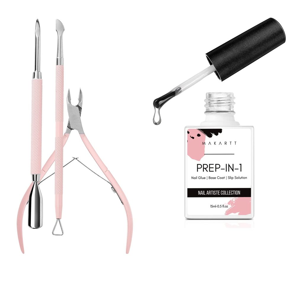 Makartt Cuticle Trimmer with Cuticle Pusher Bundle with Nail Glue for Acrylic Nails UV Gel Curing Needed 3 in 1 Super Strong Brush on Nails Glue