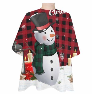 Merry Christmas Polyester Barber Cape - Haircut Cape for Men, Hair Cutting Cape with Adjustable Neck for Hair Treatment - Cutting/Coloring/Perming - 55x63 Inch Black-Red Plaid Snowmen Snowflakes
