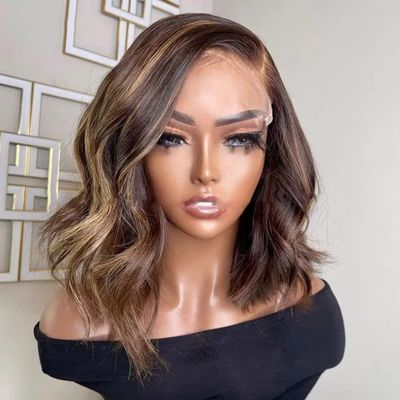 Highlight Short Bob Wig 13x4 HD Transparent Lace Frontal Wigs Ombre Brown Blonde Human Hair Brazilian Wave Human Hair Wig Bleached Knots 150% Density 14Inch