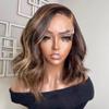 Highlight Short Bob Wig 13x4 HD Transparent Lace Frontal Wigs Ombre Brown Blonde Human Hair Brazilian Wave Human Hair Wig Bleached Knots 150% Density 14Inch view 1