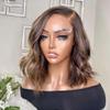 Highlight Short Bob Wig 13x4 HD Transparent Lace Frontal Wigs Ombre Brown Blonde Human Hair Brazilian Wave Human Hair Wig Bleached Knots 150% Density 14Inch view 2