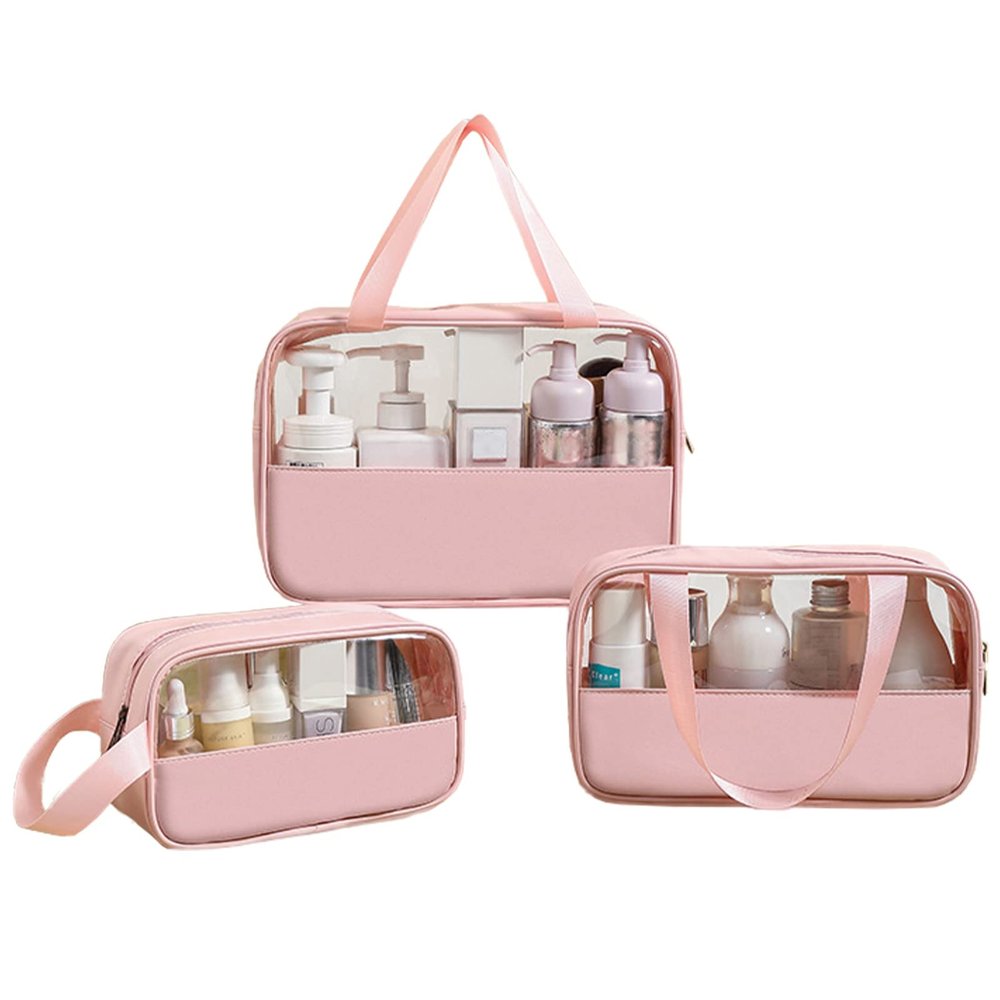 Surblue Toiletry Bag for Women Clear Cosmetics Bag Hanging Toiletry Bag for Men Waterproof Makeup Bags for Traveling Transparent Travel Organizer 3Pcs, Pink