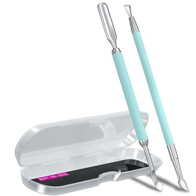 2PCS Metal Teal Cyan Cuticle Pusher and Cutter Remover Salon Stainless Steel Gel Nail Polish Peeler Scraper Durable Professional Manicure Pedicure Cleaner Tool For Fingernail and Toenail
