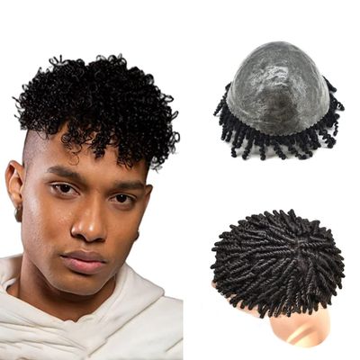 Afro Curl Toupee For Black Men Human Hair Piece Replacement System All Poly Crochet Braids Hair Units Durable PU Injection Small Curly Mens Wigs (8"x10"-6mm Afro Wave, 1B Off/Natural Black)