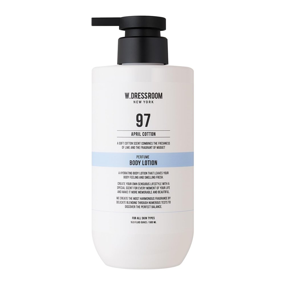 W.Dressroom No.97 April Cotton Perfume Body Lotion, Hydrating Body Lotion for Dry & Sensitive Skin Fast-Absorbing, Non-Greasy, Clean Cotton Scent, 16.9 fl oz Pump