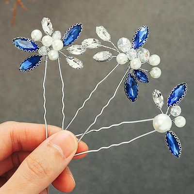 Heread Blue Crystal Bride Wedding Hair Pins Silver Pearl Bridal Hair Pieces Rhinestones Bridesmaid Hair Accessories for Women and GirlsPack of 3)
