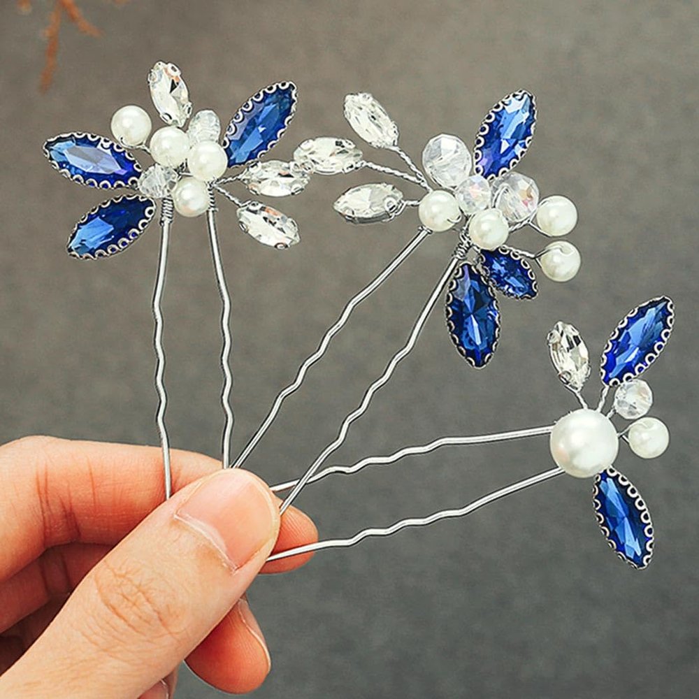 Heread Blue Crystal Bride Wedding Hair Pins Silver Pearl Bridal Hair Pieces Rhinestones Bridesmaid Hair Accessories for Women and GirlsPack of 3)