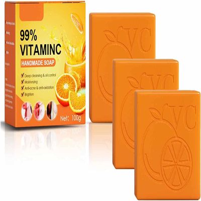 Qklovni 100g Natural Orange Vitamin C Handmade Soap, with 99% Vitamin C and Orange Extract, for Face & Body Exfoliate Moisturizing Brightening Care (3pcs)