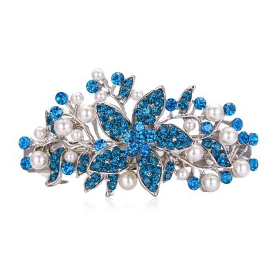 EVER FAITH Austrian Crystal Bridal Hibiscus Flower Leaf Cream Simulated Pearl Hair Clip Barrette Navy Blue Silver-Tone