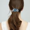 EVER FAITH Austrian Crystal Bridal Hibiscus Flower Leaf Cream Simulated Pearl Hair Clip Barrette Navy Blue Silver-Tone view 3