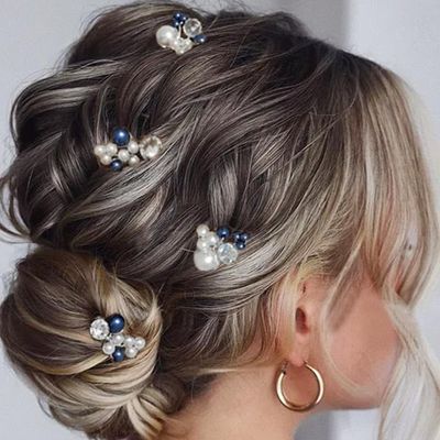 Heread Blue Pearl Bride Wedding Hair Pins Silver Crystal Bridal Hair Pieces Hair Clips Accessories for Women and GirlsPack of 4)