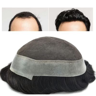 Mens Toupee Swiss Lace Thin Skin Around Men Hairpieces Natural Black Human Hair Replacement System for Men (2# Darkest Brown, 7X9" WXL 120% Medium Density)