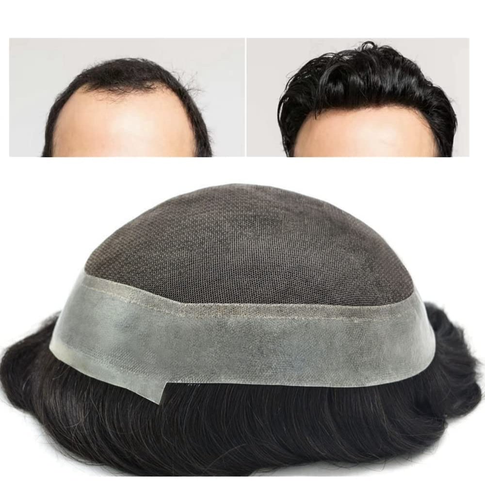 Mens Toupee Swiss Lace Thin Skin Around Men Hairpieces Natural Black Human Hair Replacement System for Men (2# Darkest Brown, 7X9" WXL 120% Medium Density)