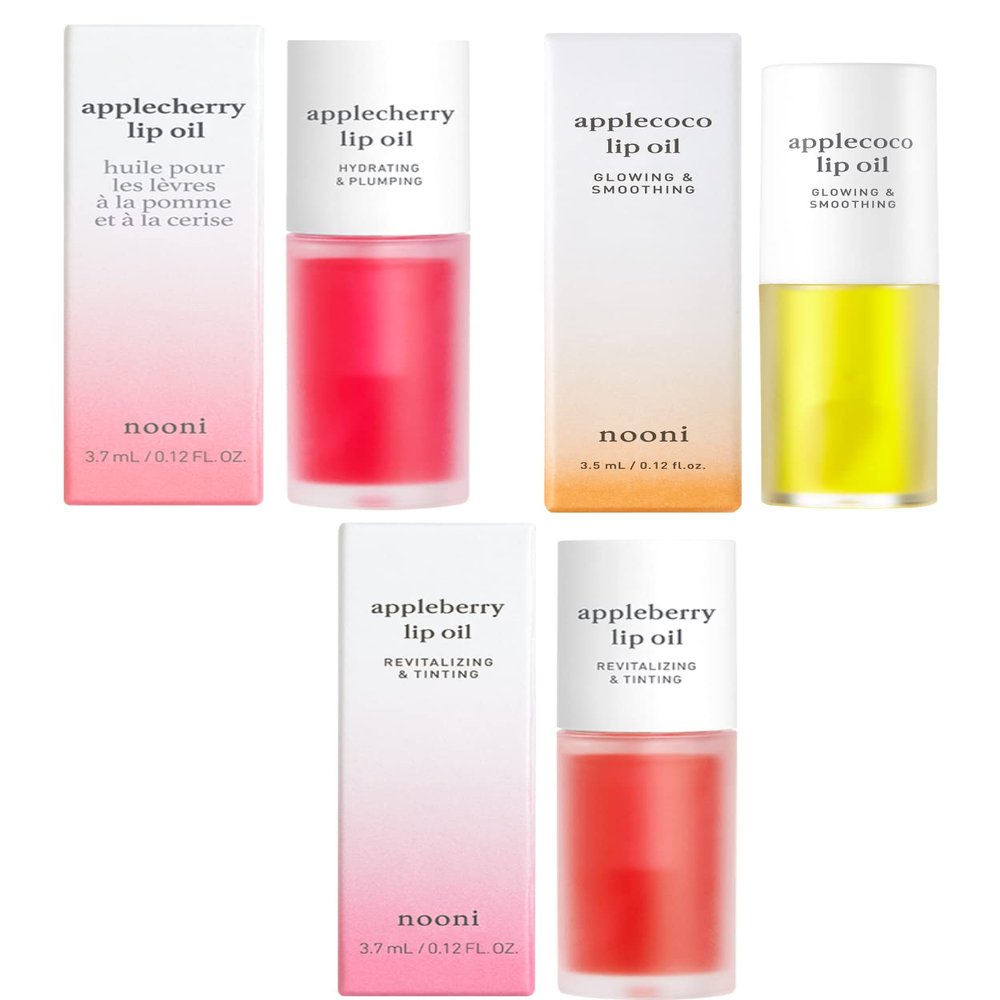 Nooni Korean Vegan Lip Oil - Applecherry, 0.12 Fl Oz + Korean Lip Oil - Appleberry, 0.12 Fl Oz + Korean Lip Oil - Applecoco, 0.12 Fl Oz Bundle