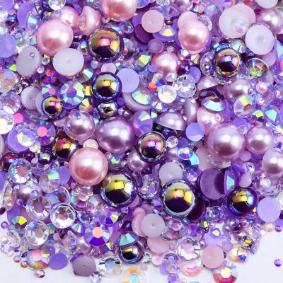 Briskbloom 60g Mix Flatback Pearls and Rhinestones for Crafts, 3620PCS for Tumblers Nail Face Art, Jelly Rhinestones and Half Pearls, With Tweezers Wax Pen, Pink|Purples
