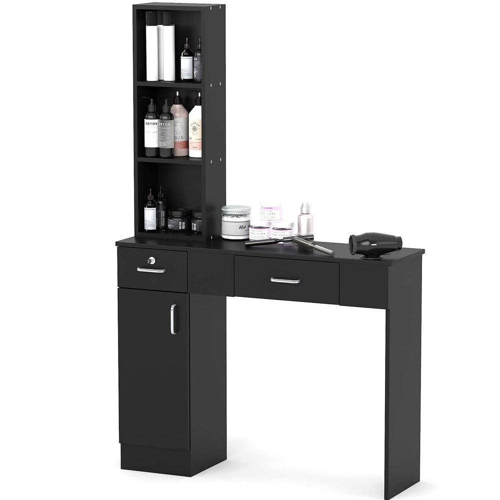 Waktavel Modern Compact Salon Station No Mirror, Locking Beauty Spa Styling Station for Hair Stylist with Ample Storage - Ideal for Home Salon, Bedroom, Bathroom, Hairdresser