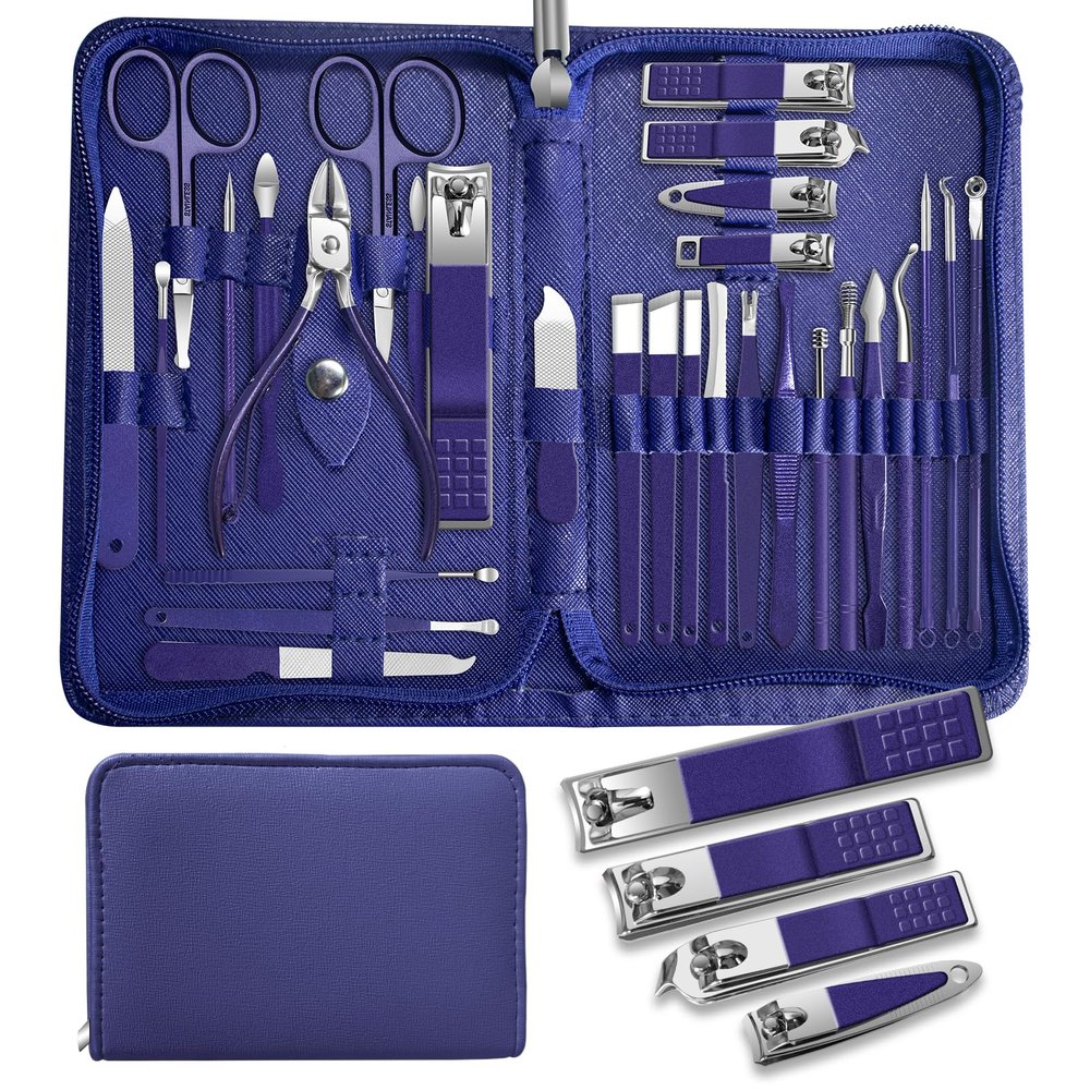Manicure Set Personal Care Mens Grooming Kit, 30 in 1 Professional Manicure Kit Pedicure Kit, Nail Clippers for Men and Beauty Tool Portable Set, with Luxurious Travel Case (Blue)