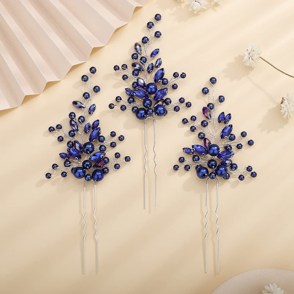 Teyglen Bride Wedding Hair Pins Set, Blue: 3 Pieces Vintage Crystal Pearl Hair Clips, Rhinestone Headpieces Accessories for Women Girls
