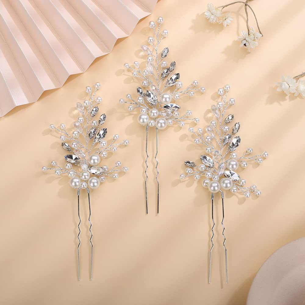 Teyglen Bride Wedding Crystal Pearls Hair Pins Vintage Silver Pearl Hair Pins Set Bridal Rhinestone Hair Pieces Headpieces Vintage Hair Accessories Jewelry Set for Women (Silver)