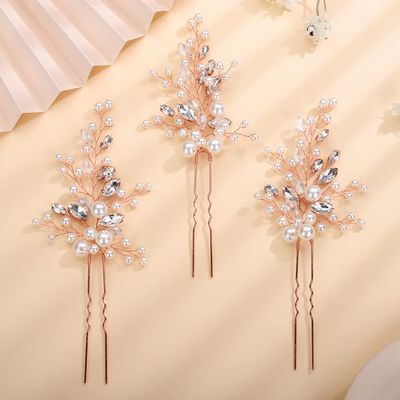 Teyglen Hair Clip, Women Dainty Pearl Crystal Hair Pins Set, Rose Gold, 3 Pieces, for Bride, Women, Girls, Hair Decoration, Bridal Styling, Wedding, Party