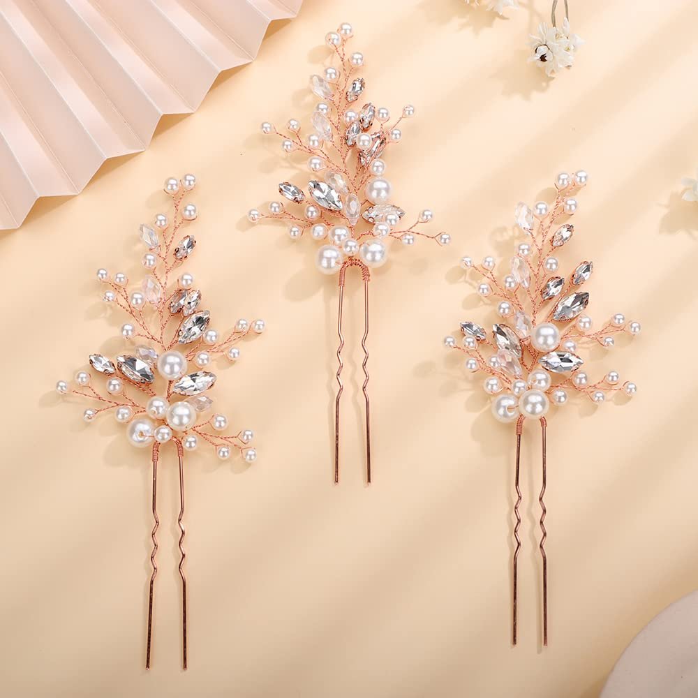 Teyglen Hair Clip, Women Dainty Pearl Crystal Hair Pins Set, Rose Gold, 3 Pieces, for Bride, Women, Girls, Hair Decoration, Bridal Styling, Wedding, Party