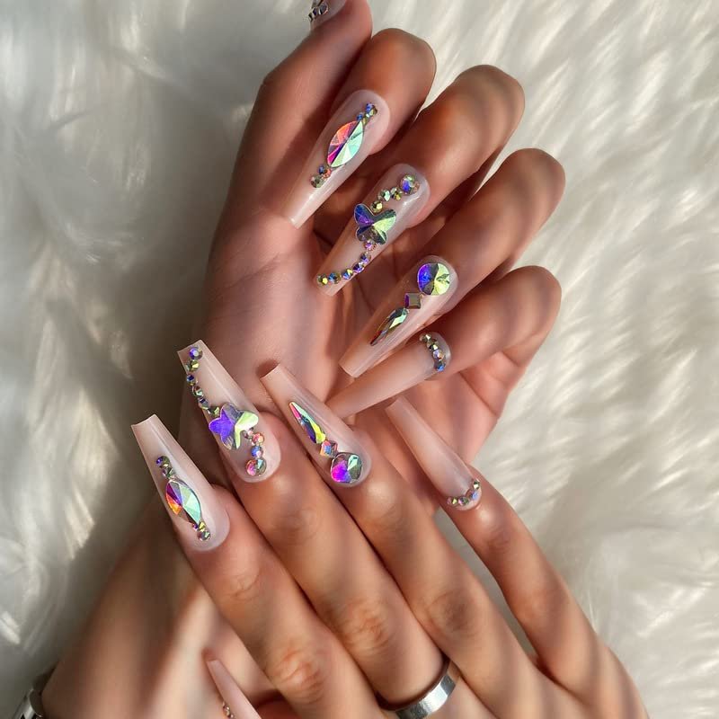 FRUJCDKI 24pcs French Nude White Ballerina Flash Diamond Crystal Long Glossy Coffin Flash Fake Nails Press on Nail False Tips Manicure for Women and Girls (Nude)