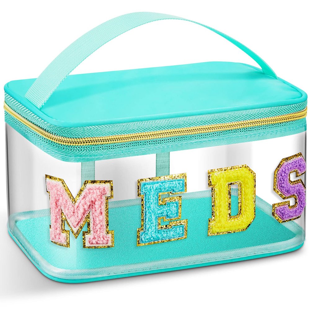 Geetery Chenille Letter Bag, Meds Cheer Travel Cases Cheerleader Gifts Cosmetic Bag Nylon Makeup Portable Preppy Patch with Zipper Toiletry Storage Case for Women(Green,Meds)