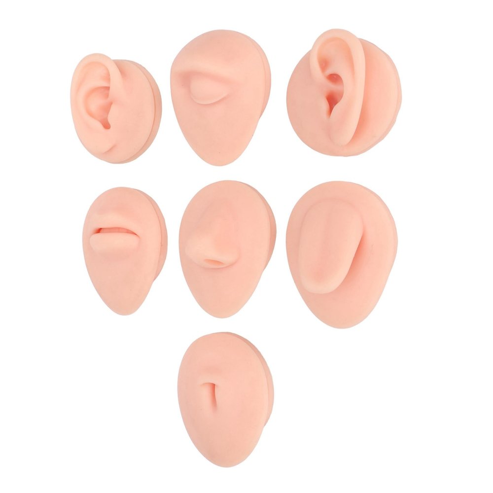 Silicone Piercing Body Model for Piercing Practice, Soft Silicone Ear Mouth Nose Eye Tongue Navel Model with Display Rack (Light Skin Colour)