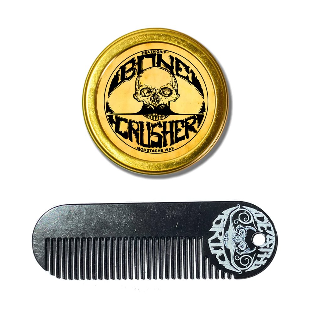 THE VINTAGE GROOMING CO. Bone Crusher Extra Firm Extra Strong Hold Mustache Wax and Death Grip Pocket Keychain Comb Set