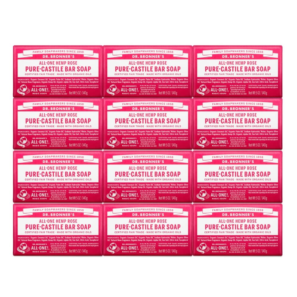 Dr. Bronner's - Pure-Castile Bar Soap - Rose, Made w/Organic Oils, For Face, Body & Hair, Gentle & Moisturizing, Smooth Lather, Biodegradable, Vegan, Cruelty-free, Non-GMO (5oz, 12-Pack)