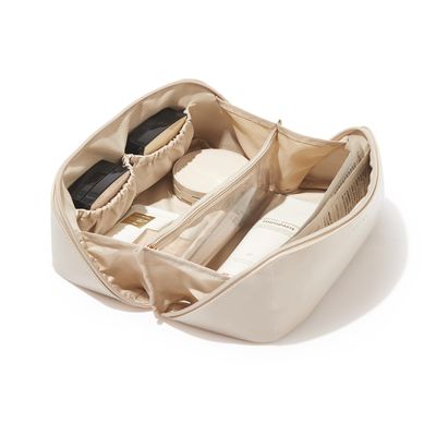 EACHY Travel Makeup Bag, Large Capacity Cosmetic Bags for Women, Waterproof Portable Open Flat Toiletry Bag Make up Bag with Divider and Handle, Christmas Gifts (White, Medium)