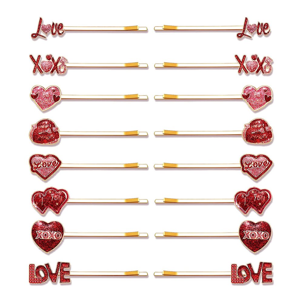 10/16PCS Valentines Day Hair Clips for Women Glitter Love Heart Hair Clips Sweet XOXO Bobby Hairpins Costume Party Valentines Day Accessory Gifts for Her