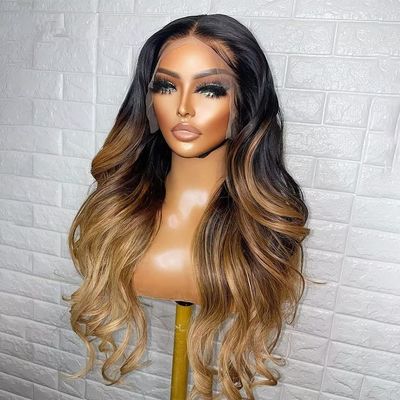 Jnymell #1B/4/27 Ombre Color Honey Blonde Body Wave Human Hair Lace Front Wigs Pre Plucked HD Invisible 13X6 Lace Front Wig Brazilian Hair Glueless Wigs with Baby Hair Bleached Knots 150% Density