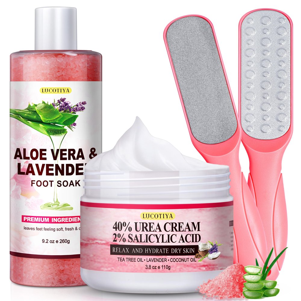 LUCOTIYA Pedicure Kit Foot Spa Soak Set Callus/Cuticle Remover File, Dead Skin Urea Cream for Feet Aloe Lavender Pedicure Supplies for Dry Cracked Feet for Women Men