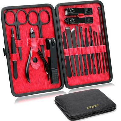 ZIZZON Manicure Set 18 in 1 Professional Pedicure Set Nail scissors Grooming Kit with Leather Travel Case (Black/Red)