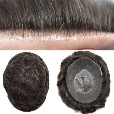 Mens Toupee Human Hair All V-Looped Men's Hair Piece 0.04mm Ultra Thin Skin Hair Replacemnt System Toupee for Men (8"X10", 1B20# 1B# Off Black+20% Sythetic Grey-100% Light to Medium Density)