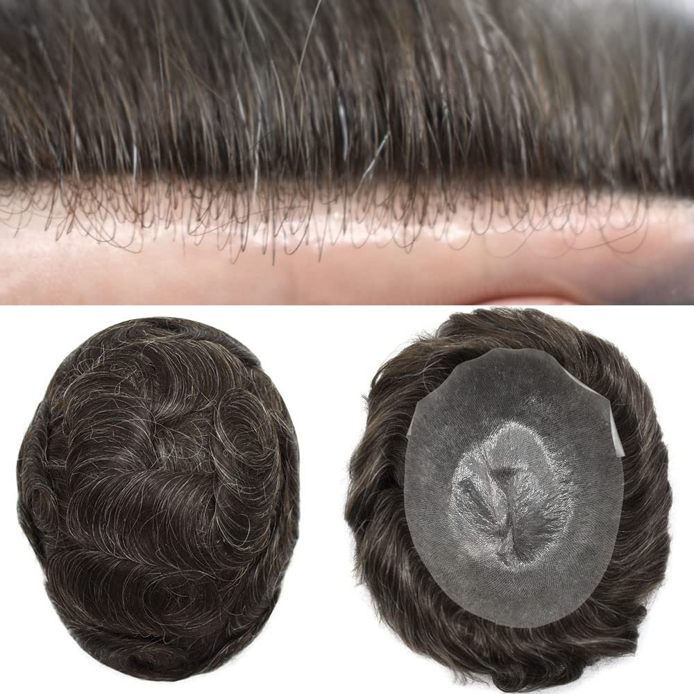 Mens Toupee Human Hair All V-Looped Men's Hair Piece 0.04mm Ultra Thin Skin Hair Replacemnt System Toupee for Men (8"X10", 1B20# 1B# Off Black+20% Sythetic Grey-100% Light to Medium Density)