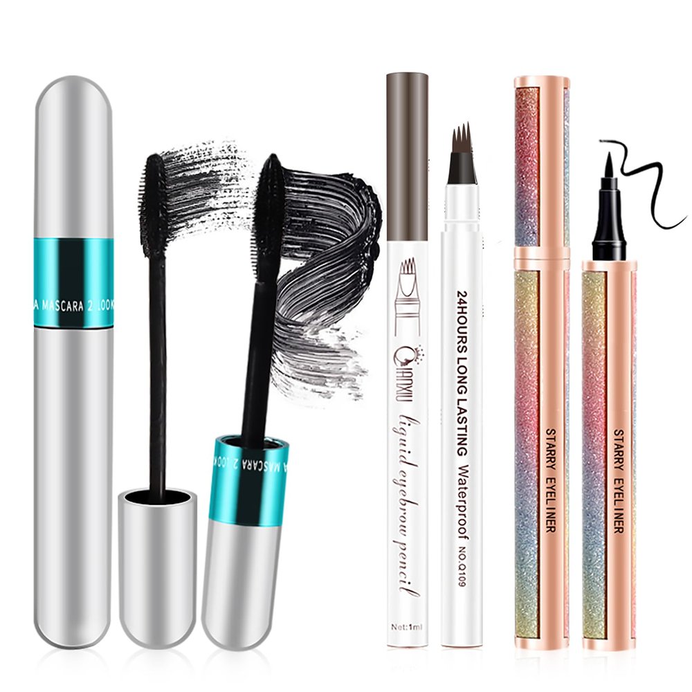4D Silk Fiber Mascara set, 2 in 1 For VIBELY Mascara & Eyeliner & Eyebrow Pencil (Brown) set, No Clumping, Long-lasting, Creates Natural-Looking Brows and Stays on All Day (3 PCS)