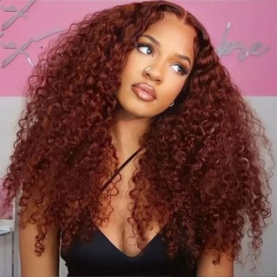 Youllyuu Reddish Brown Curly Hair 13X6 Lace Front Human Hair Wig Pre Plucked Glueless Closure Brazilian Wig Reddish Brown 14in#13x6 Lace Wig 150